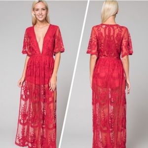 Honey Punch Red Lace Short Romper Lined Maxi Dress